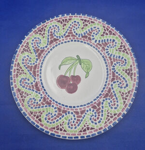 Vintage Lotus Cherries Mosaic Style Ceramic Plate Red Green White 10"